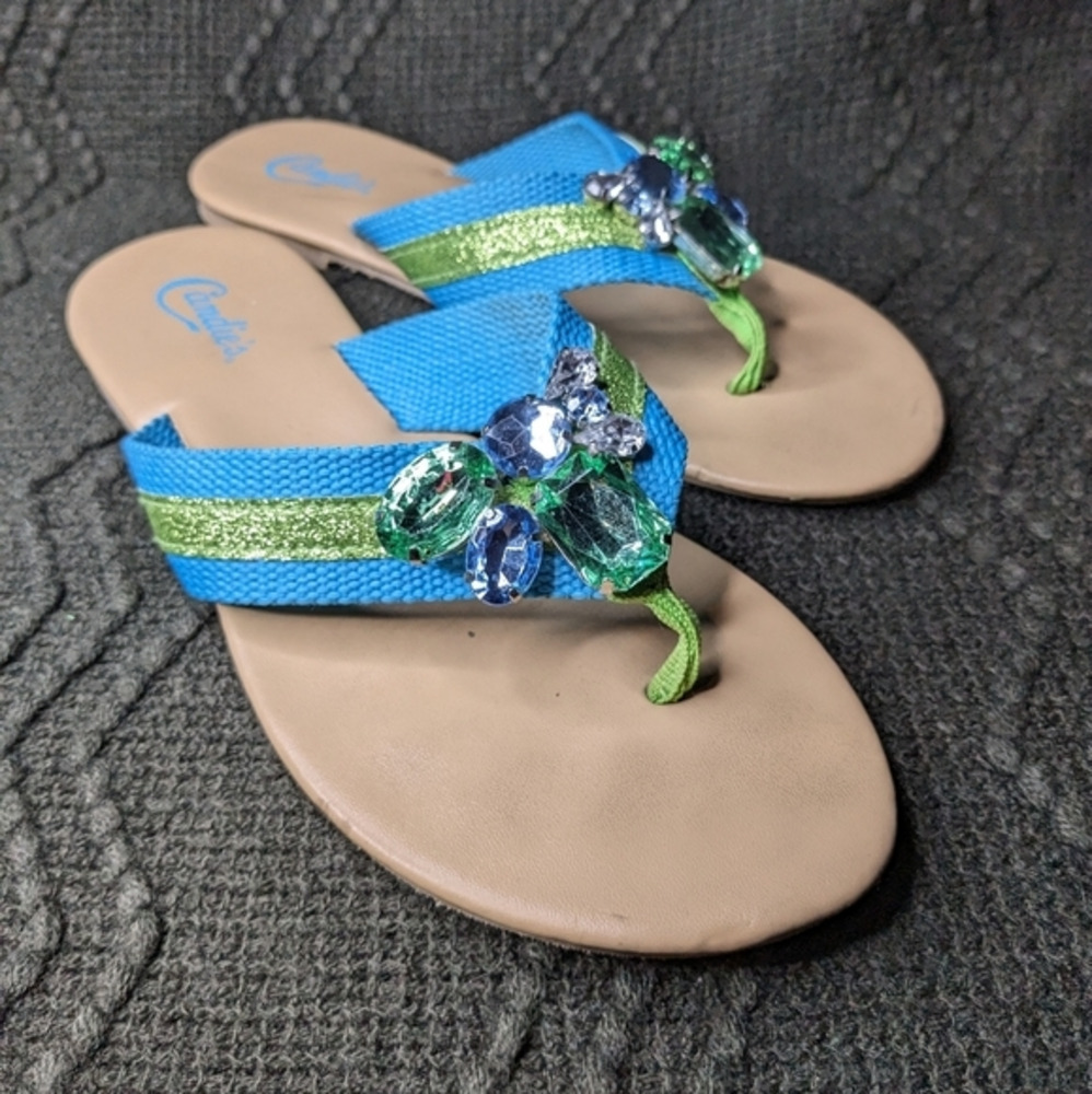 Candies Size 7.5 Blue & Green Glitter Flip Flops w/ Gemstone Details